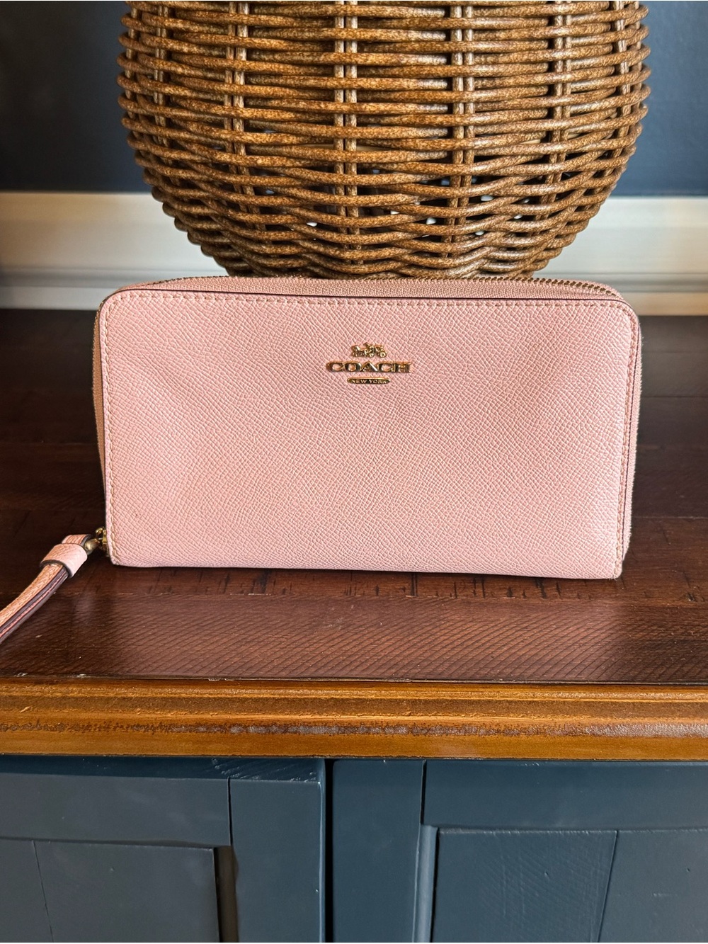 Coach Pink Saffiano Zip-Around Wristlet Wallet with Gold Logo
